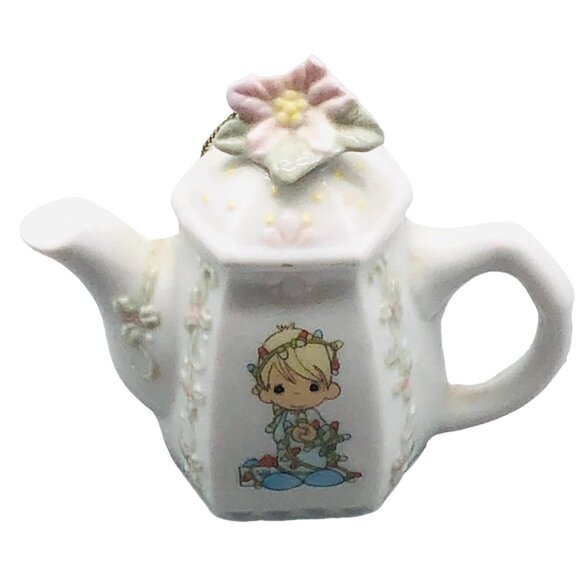Precious Moments Holiday Christmas ornament of tea pot floral top 3.5x3.5" READ - Picture 1 of 9
